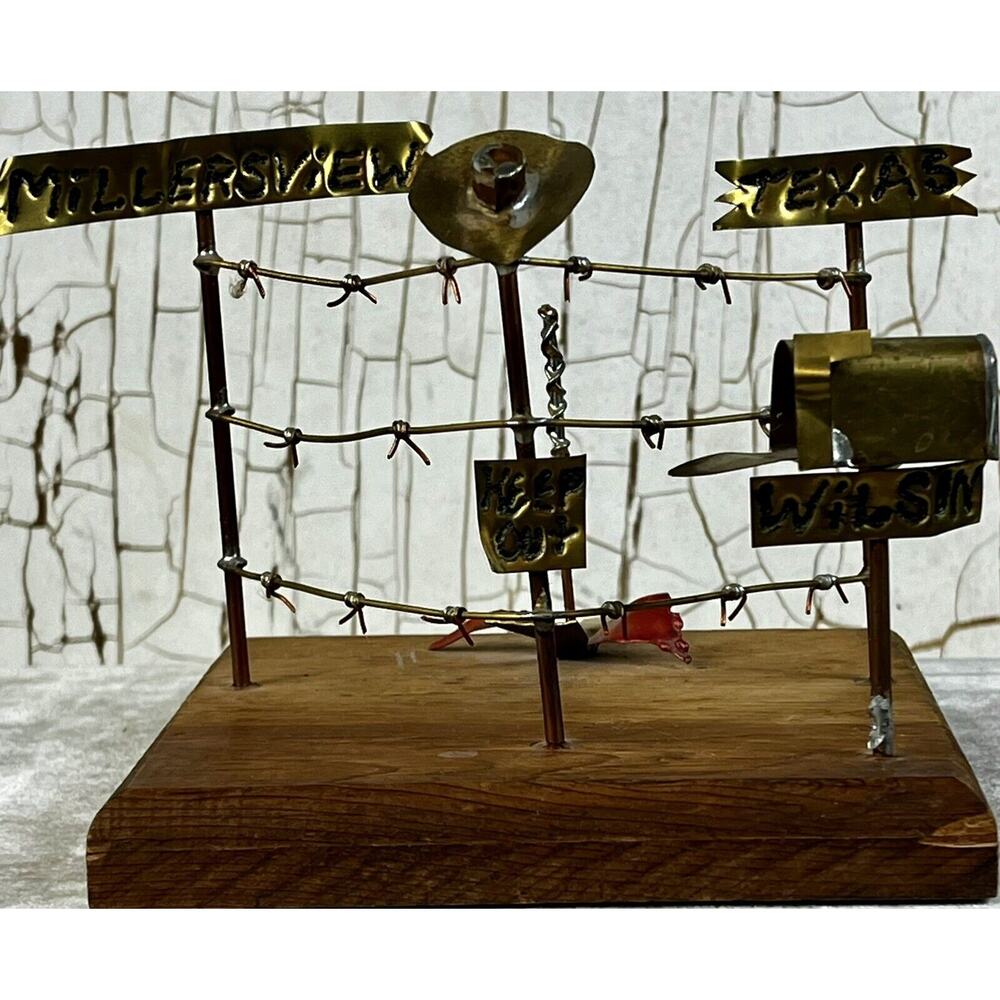 Vintage Folk Southwest Cowboy Art Metal Barb Wire Handmade Metal Work Wood Base
